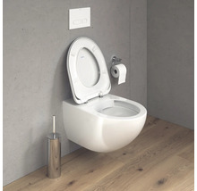 Wand-Tiefspül-WC mit offenem Spülrand, Betätigungsplatte, Toilettenbürste und Toilettenpapierhalter im Badezimmer