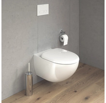Wandhängendes WC mit Toilettenpapierhalter und Bürste in einem Badezimmer