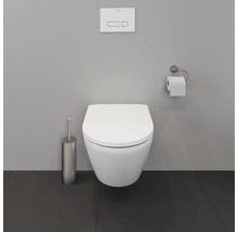 Wandhängendes WC mit Betätigungsplatte, Toilettenbürste und Toilettenpapierhalter in einem Badezimmer