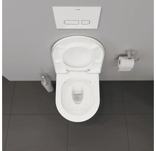 Aufnahme von oben einer Toilette mit offenem Toilettendeckel, Toilettenbürste, Toilettenpapierhalter und Duravit Logo