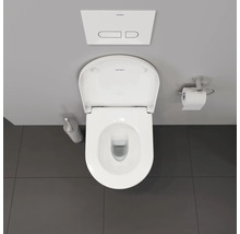Aufnahme von oben einer Toilette mit Spülkasten, Toilettenpapierhalter und Toilettenbürste