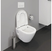Wand-Tiefspültoilette mit offenem Spülrand, Betätigungsplatte und Toilettenbürste