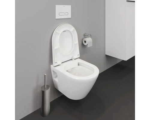 Wand-Tiefspültoilette mit offenem Spülrand, Betätigungsplatte und Toilettenbürste