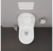Aufnahme von oben einer Toilette mit offenem Deckel, Toilettenbürste, Toilettenpapierhalter und Duravit Logo.
