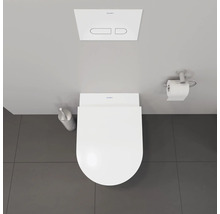 Draufsicht auf eine Toilette mit Spülkasten, Toilettenbürste und Toilettenpapierhalter.