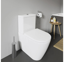 Modernes Badezimmer mit Toilette, Toilettenpapierhalter, Bürste und Hocker