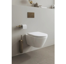 Wand-Tiefspültoilette im Badezimmer mit Toilettenbürste, Toilettenpapierhalter und Betätigungsplatte