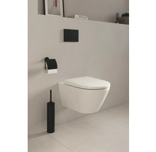 Wandhängendes WC mit Toilettenbürste, Toilettenpapierhalter und Betätigungsplatte in einem Badezimmer