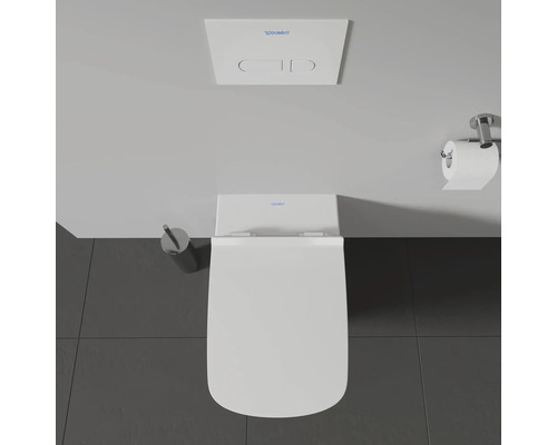 Aufnahme von oben einer Toilette mit Betätigungsplatte und Toilettenbürste