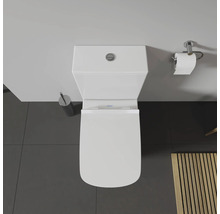 Aufnahme von oben einer Toilette mit Toilettenbürste und Toilettenpapierhalter.