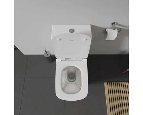 Aufnahme von oben einer Toilette mit offenem Deckel