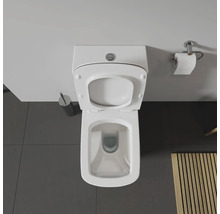 Aufnahme von oben einer Toilette mit offenem Deckel im Badezimmer