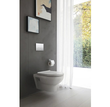 Wandhängendes WC in einem hellen Badezimmer mit Kunstwerken.