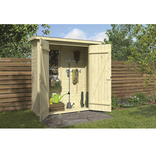 Gartenschrank aus Holz mit geöffneten Türen und diversen Gartengeräten