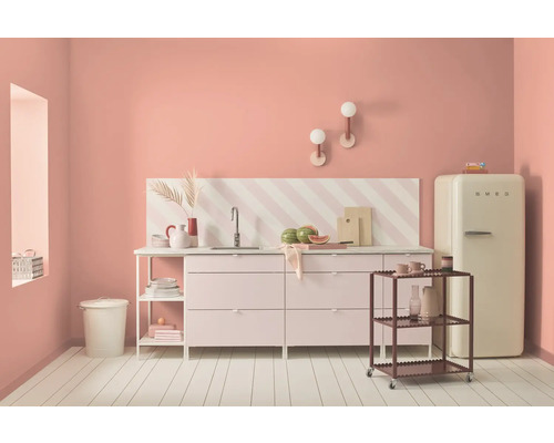 Rosa Küche mit Spüle, Arbeitsfläche, Regalen und SMEG Kühlschrank