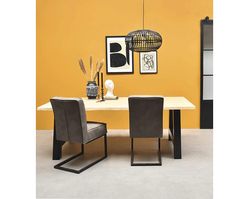 Modernes Esszimmer mit hellem Holztisch, schwarzen Metallfüßen, grauen Freischwinger-Stühlen aus Stoff und einer schwarzen Drahtpendelleuchte.