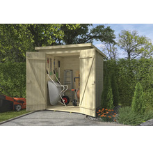 Gartenschuppen aus Holz mit geöffneten Türen und Gartengeräten