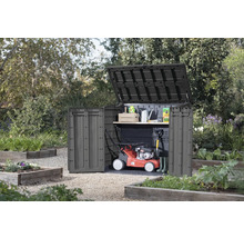 Gartenschrank mit offenem Deckel und Tür im Garten, mit Rasenmäher und Gartengeräten