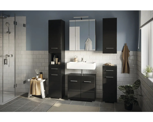 Badezimmer mit Waschbecken, Spiegelschrank und schwarzen Badmöbeln zur Aufbewahrung