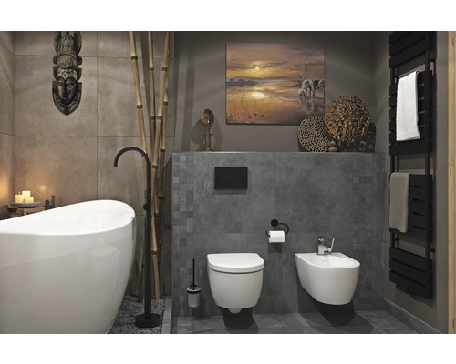 MIRAVA Feinsteinzeug Wand- und Bodenfliese MANHATTAN Grey 60 x 60 x 0,9 cm matt rektifiziert Modernes Badezimmer mit Badewanne, Toilette, Bidet und Handtuchwärmer