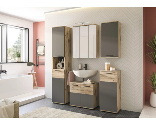 Modernes Badezimmer-Set mit Waschbecken, Spiegelschrank und Stauraummöbeln in Holzoptik und Grau