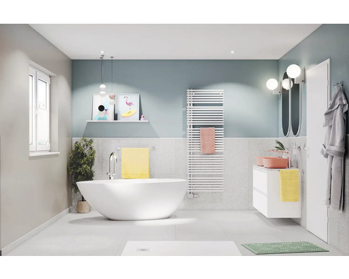 Bodenfliese Argenta Goldoni grigio 60x60cm matt rektifiziert Modernes Badezimmer mit freistehender Badewanne, Handtuchwärmer und Waschtisch