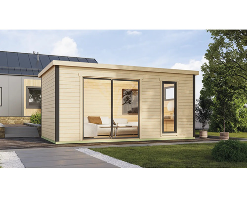 Modernes Gartenhaus mit Schiebetür und Fenster