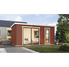 Modernes Gartenhaus mit Holzverkleidung, Schiebetür und Fenster für den Außenbereich.