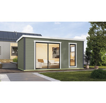 Modernes Gartenhaus mit Schiebetür und Fenster im Garten