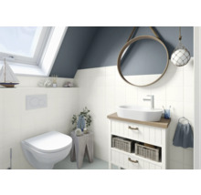 Helles Badezimmer mit Toilette, Waschbecken, Spiegel und Dachfenster
