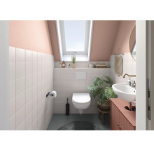 Badezimmer mit Toilette, Waschbecken und Dachfenster