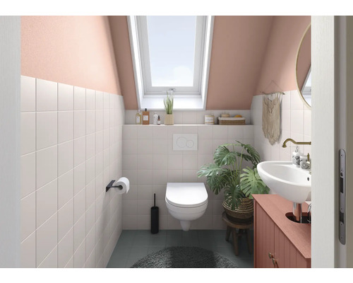 Badezimmer mit Toilette, Waschbecken und Dachfenster