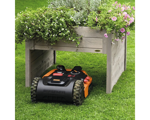 Szene mit Rasenmähroboter unter einem Pflanztisch mit Bepflanzung auf Rasenfläche