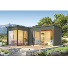 Modernes Gartenhaus mit Schiebetüren und Terrasse im Garten