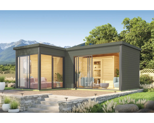 Modernes Gartenhaus mit Schiebetüren und Terrasse im Garten