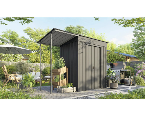 Gartenambiente mit Gerätehaus aus Metall und überdachtem Bereich für Gartengeräte