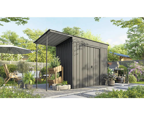 Metall Gerätehaus mit Anbau im Garten