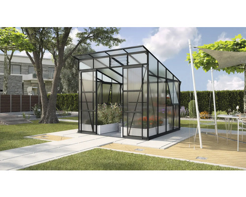 Gewächshaus Vitavia Playa 7600 Hohlkammerplatten 6 mm mit Fundamentrahmen 258 x 292 cm schwarz Gewächshaus mit Pflanzen im Garten