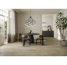 Esszimmer mit Esstisch, Stühlen, Pendelleuchte und Holzboden