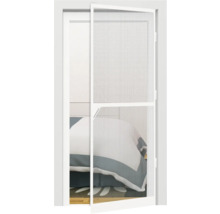 Weißer Insektenschutzrahmen vor geöffnetem Fenster, Schlafzimmer im Hintergrund