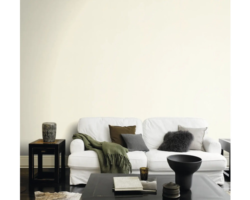 Wohnzimmer mit Sofa, Tisch und dekorativen Elementen vor einer gestrichenen Wand.