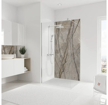 Modernes Badezimmer mit Duschkabine, Waschtisch und weissem Teppich