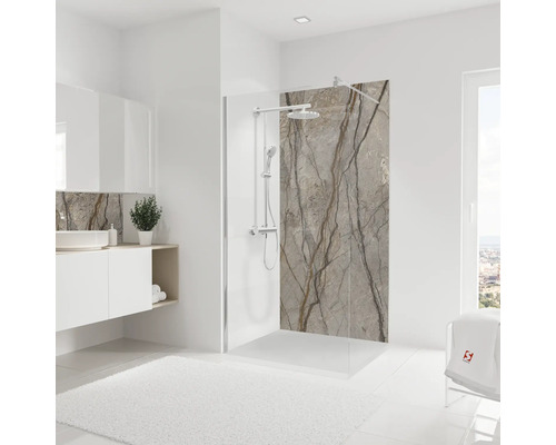 Modernes Badezimmer mit Duschkabine, Waschtisch und weissem Teppich