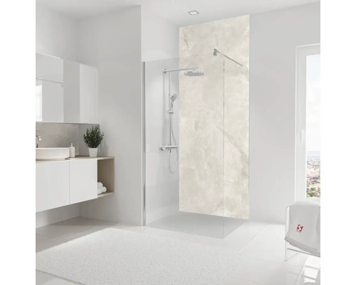 Modernes Badezimmer mit begehbarer Dusche, Waschbeckenunterschrank und großformatigen Fliesen