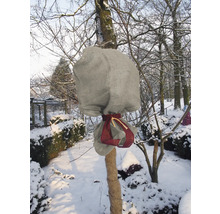 Winterlandschaft mit Baumstamm und Baumkrone in Schutzsäcken gehüllt