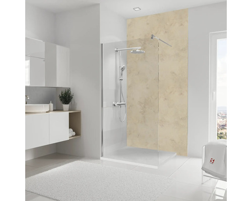 Helles Badezimmer mit Duschkabine, Waschbecken und Badteppich