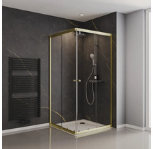 Badezimmer mit Duschkabine, Handtuchwärmer und dunkler Wand