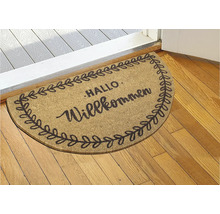 Halbrunde Fußmatte mit Aufschrift Hallo Willkommen und Blätterkranz