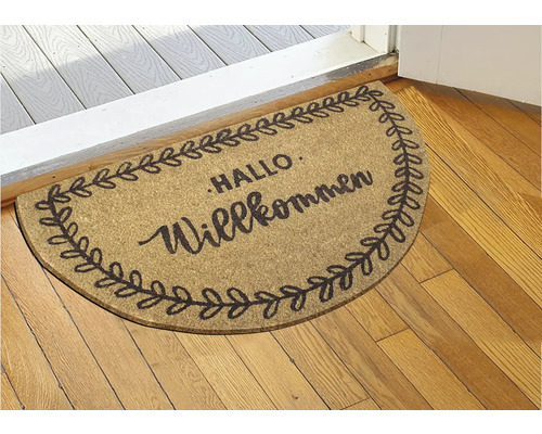 Halbrunde Fußmatte mit Aufschrift Hallo Willkommen und Blätterkranz