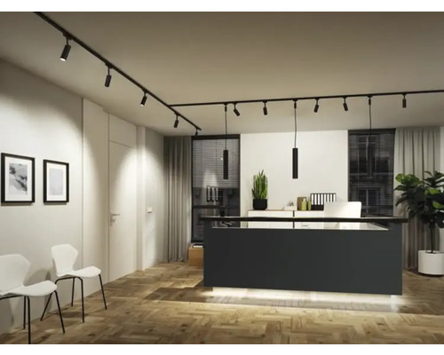 Helles Interieur mit linearem Lichtsystem, Büromöbeln und Pflanzen